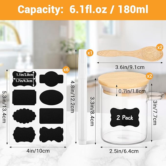 Glass Jar with Bamboo Lids and Spoons - 2 Pack 6 Fl.oz Airtight Round Glass Pantry Containers Set, Includes Labels and Marker, Food Storage Canisters for kitchen for Spice, Coffee, Sugar, Tea
