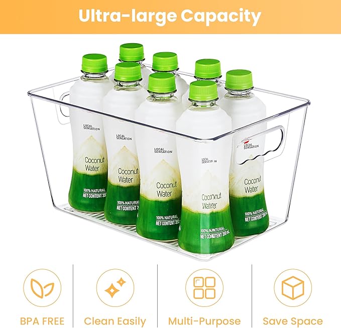 YIHONG Clear Plastic Storage Organizer Bins, 4 Pack Pantry Food Storage Bins with Handle for Kitchen,Refrigerator, Freezer,Cabinet Organization and Storage