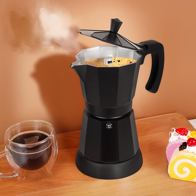Black Aluminum Electric Moka Pot, 3 or 6 Cups Espresso Maker with Dose Reduction Plate