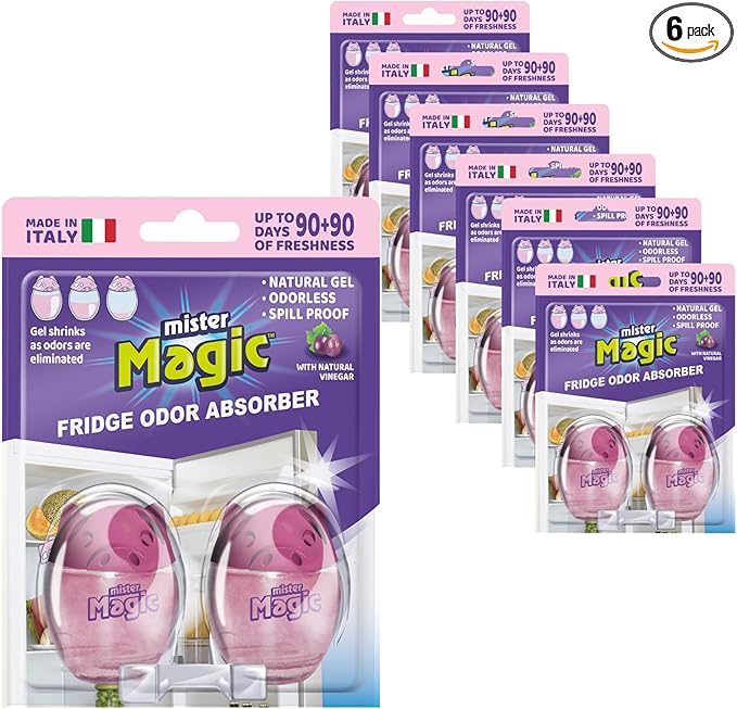 Mister Magic Refrigerator Odor Absorber – Natural Vinegar Formula Gel, Odorless Fridge Deodorizer, Neutralizes Food Odors, Lasts Up to 90 Days, Kitchen Supplies (6 Pack, Contains 12 Units)