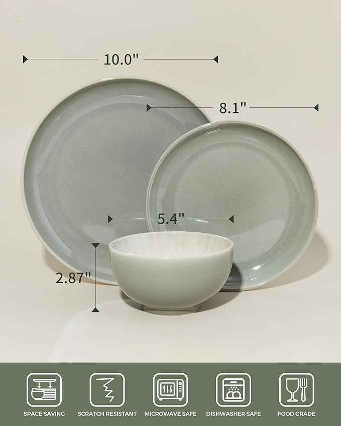 Stoneware Dinnerware Sets, Ceramic Plates and Bowls Set, Microwave & Dishwasher Safe Kitchen Dish Set, Modern Dinner Salad Plates | Cereal Bowls for 4, Dishware Sets Gray Green