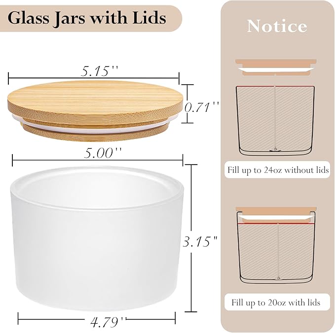 CONNOO 24oz Matte White Glass Candle Jars 6 Pack, Multi-Wick Wide Mouth Empty Bulk Candle Containers for Making Candles with Airtight Bamboo Lids, Sticky Warning Labels, Wick kit- Dishwasher Safe