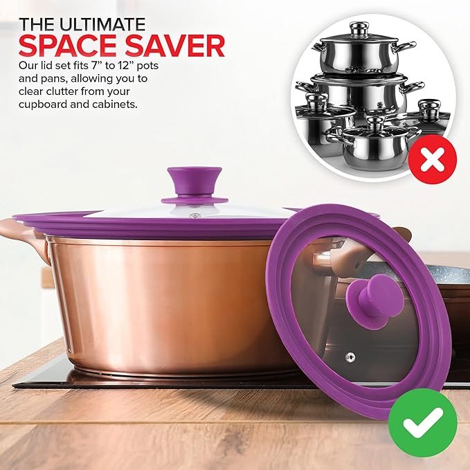 Modern Innovations Universal Lids (Set of 2) Fits 7 to 12-Inch Cookware, Silicone Replacement Pan Lid, Glass Top Covers for Skillets, Pots, Frying Pans, Cast Iron - Lavender