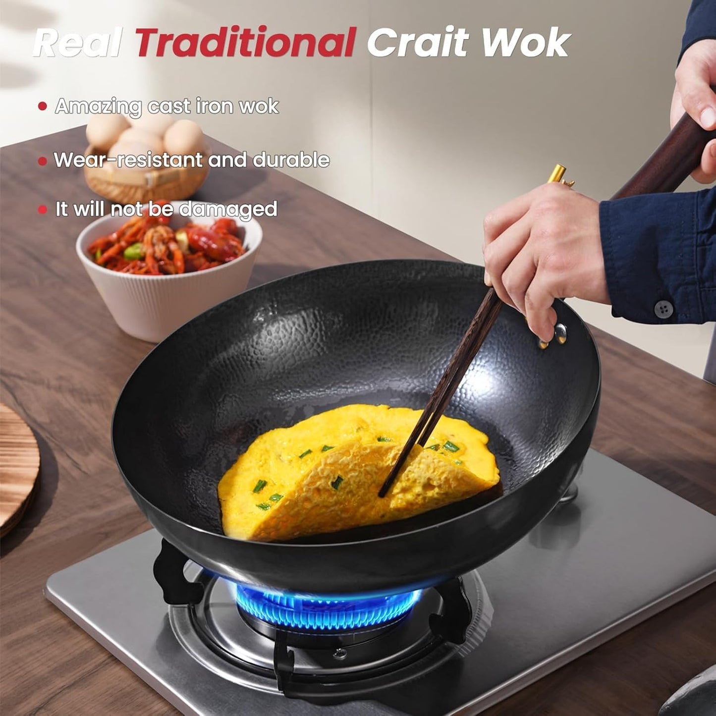 Carbon Steel Wok Pan, 13.5″Woks & Stir-Fry Pans with Wooden Lid Cookwares, Nonstick Wok, No Chemical Coated Round Bottom Hand Hammered Chinese Wok For Gas
