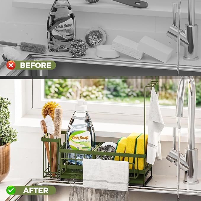Sponge Holder for Kitchen Sink – Rustproof Stainless Steel with Detachable Drainboard, Brush Rack & Towel Bar | Compact, Non-Slip Design for Countertop Bathroom