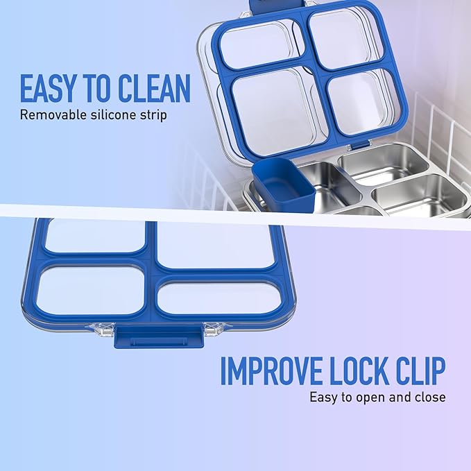 Stainless Steel Bento Box for Kids with Silicone Container, 4 Compartment Metal Lunch Box Kids Adults, Removable Silicone Seal & Clear Lid, Leak Proof Food Storage Container for Meal(Blue)
