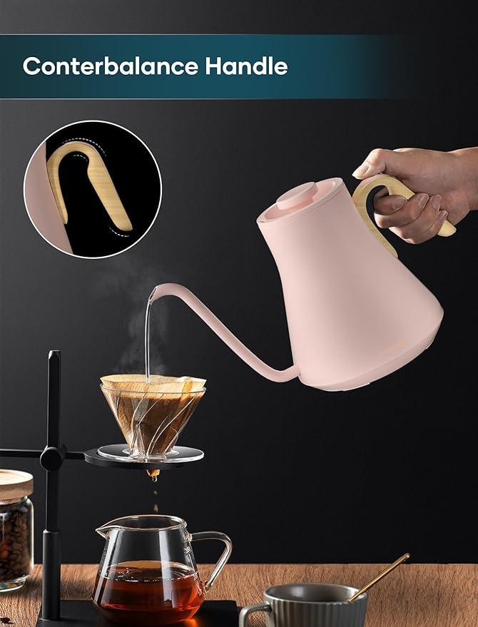INTASTING Electric Kettle, Gooseneck Electric Kettle, ±1℉ Precise Temperature Control, Stainless Steel Interior, Quick Heating for Pour Over Coffee, Tea & Boiling Water, 0.9L (Pink)