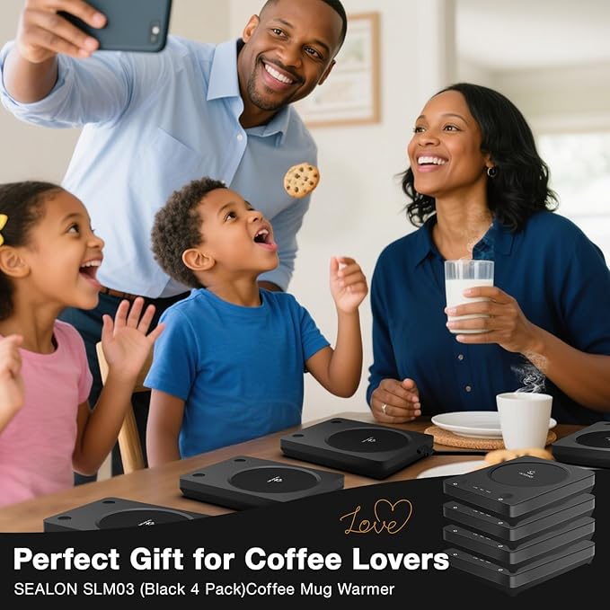 SEALON SLM03 Electric Coffee Mug Warmer (Black, 4 Pack) - 3-Temperature Desk Cup Warmer with Auto Shut-Off (4 Hours) for Heating Coffee, Tea, Milk & Beverages