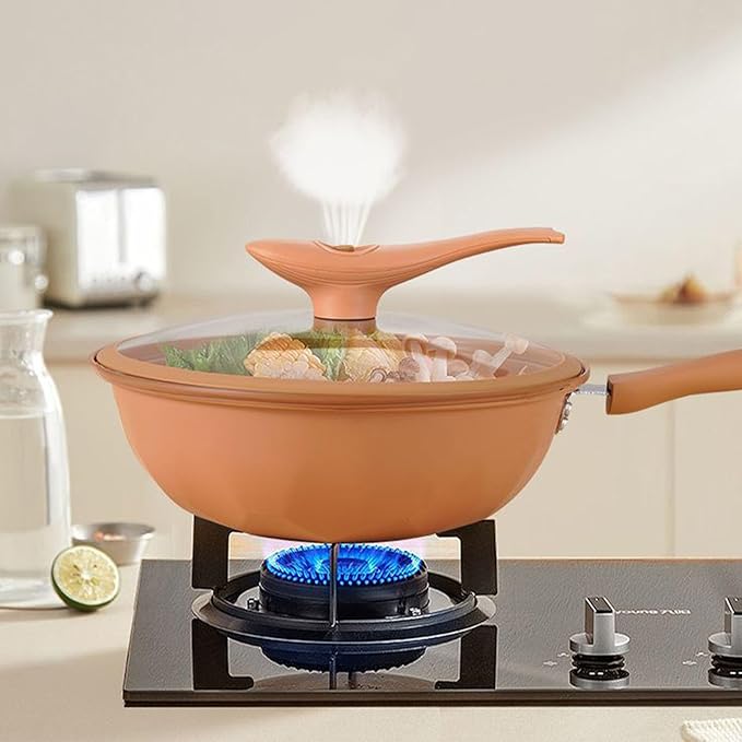 awakentti Light weight Cast Iron Wok, Iron Wok With Lid, Nonstick Wok, Steaming And Cooking All In 1 Frying Wok Flat Bottom for Induction, Electric, Gas, Halogen, All Stoves