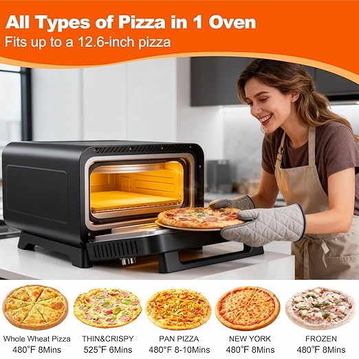 OLIXIS Pizza Oven Indoor, 1600W Electric Pizza Oven Fast Heating, 4 Modes Pizza Maker for 12 Inches, with Pizza Stone & Spatula, Upper-Bottom Independent Heating Temperature Control