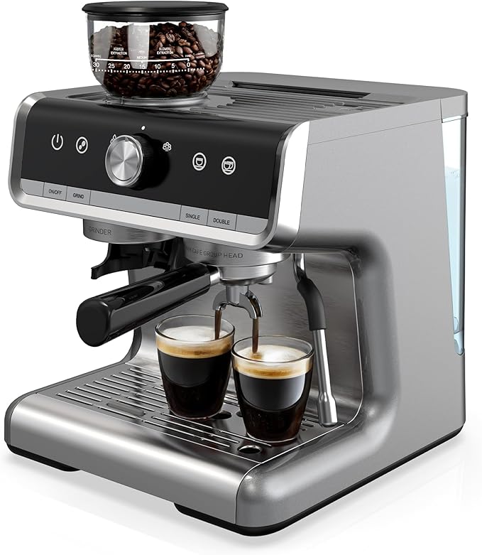 GarveeHome Espresso Machine With Grinder, 20 Bar Semi-Automatic Espresso Coffee Maker With Milk Frother Steamer Wand Cappuccino Latte Macchiato, 95 oz Water Tank, PID Temperature Control, Light Gray