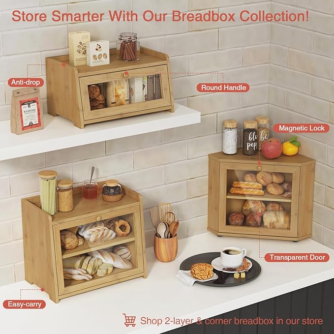 Goozii Wood Bread Box for Kithcen Countertop, Rustic Breadox Storage Container for Homemade Bread, Small Compact Bread Keeper Holder Organizer with Window (Natural Bamboo)