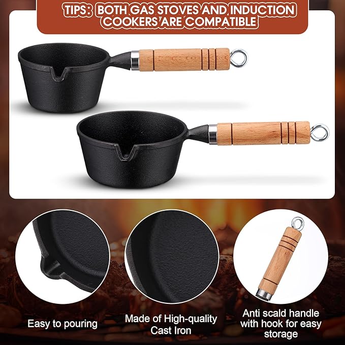 7 Pcs BBQ Mop Brush and Cast Iron Sauce Pot Set Include 15&24oz Cast Iron Basting Pot 2 Size Wooden Handle Sauce Mops with 2pcs Replacements and Oil Brush for Meat Smoker Melting Camping
