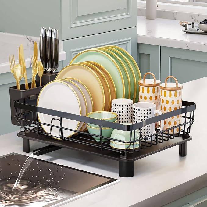 AIDERLY Iron Dish Drying Rack with Drainboard Dish Drainers for Kitchen Counter Extendable Spout Strainers with Utensil Holder and Knife Slots, Black