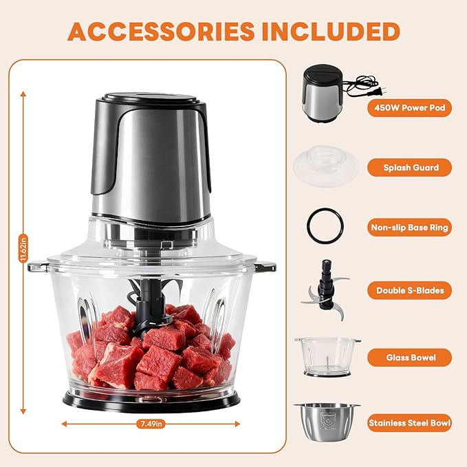 OLIXIS Electric Food Processor, 450W Meat Grinder & Vegetable Chopper with 2 Bowels for Home Use, Food Chopper with Double S-Blades for Vegetable, Onion, Garlic, Meat, Nuts, Black
