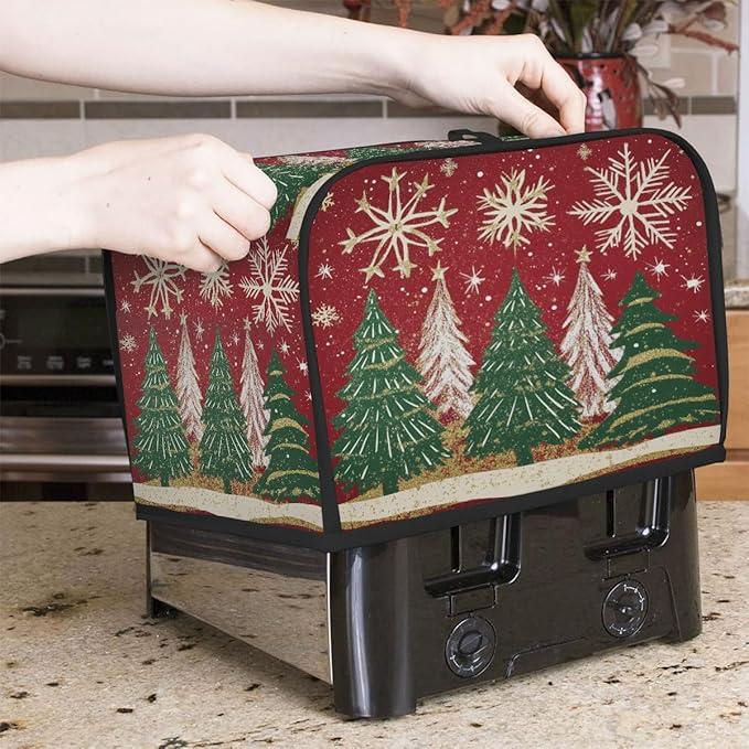 4 Slice Toaster Cover,Christmas Tree Snowflakes on Red Small Kitchen Appliance Bread Machine Cover with Pockets,Dust & Fingerprint Protection