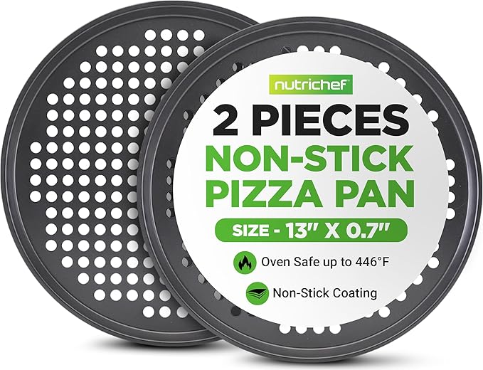NutriChef 2-Pack 13’’ Non-Stick Pizza Pans, Round Pizza Pans for Oven, Commercial-Grade Carbon Steel, Non-Stick Gray Coating, Ideal for Baking Pizza, Cookies and More, Dishwasher Safe