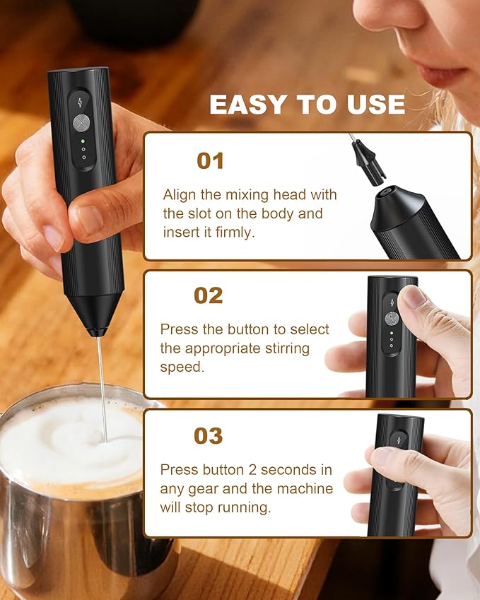 3-Speed Rechargeable Milk Frother with Cover, Dual Coil Whisk Coffee Frother Handheld - Portable Hand Frother Wand for Coffee Matcha Cappuccino & Hot Chocolate, Kitchen Gift, Black