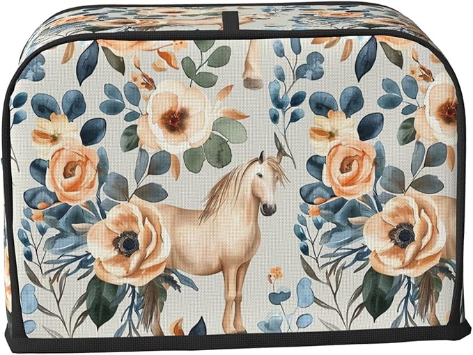 Beige Flower Horses Toaster Cover 2 Slice, Cute Rural Bread Machine Cover, Washable Dust-Proof Cover for Kitchen Small Appliance Cover,with Top Handle