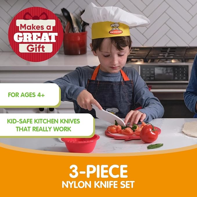 Curious Chef Kid Safe Kitchen Knife Set - 3-Piece Nylon Knives for Kids, White & Green, Ages 4+ - Non-Scratch Tools for Nonstick Pans & Kitchen Tool Set