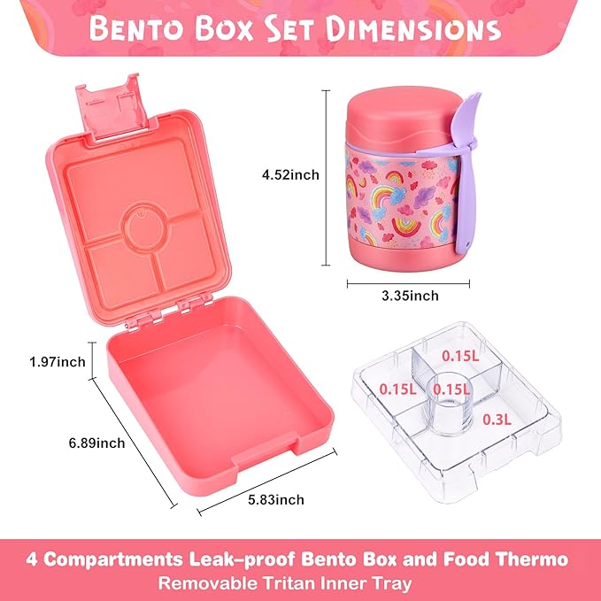 Pawtong Bento Lunch Box Set With 10oz Soup Thermo, Leak-proof Lunch Containers with 4 Compartment, Kids Hot Thermo Food Jar/Insulation Lunch Bag, Food Containers for School（Rainbow）