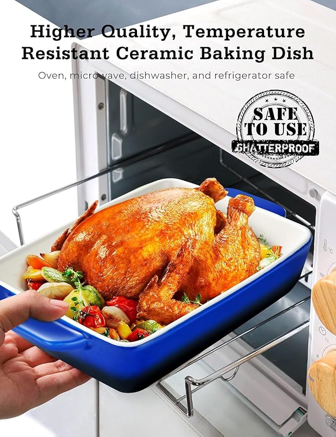 3Piece Casserole Dish Ceramic Baking Dish Rectangular Baking Dishes for Oven Ceramic Bakeware with Handles Durable Nonstick Large Lasagna Pan for Cooking, Baking, 10'' x 7'', Gradient DarkBlue