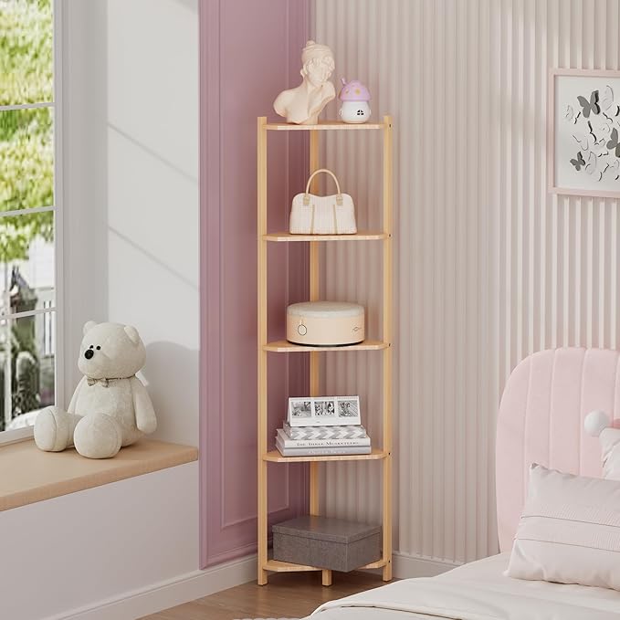 Wisuce Corner Shelf, 100% Real Bamboo Shower Corner Shelves Free Standing Shelf Storage Organizer for Bathroom Living Room Kitchen (Natural, 5 Tier)