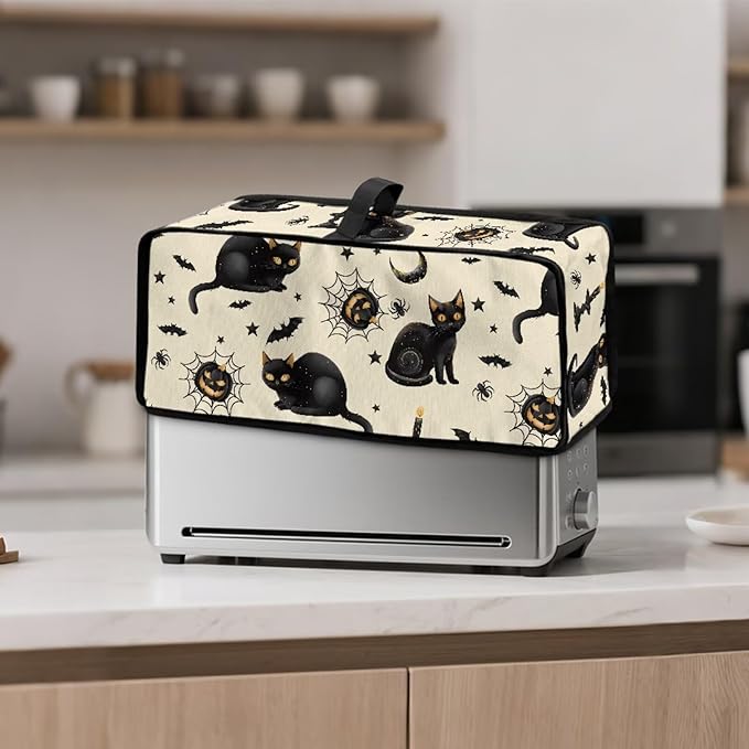 Halloween Toaster Covers 2 Slice Long Slot Cat Pumpkin Toaster Cover Decorative Dust-proof Small Appliance Covers, Easy to Fold and Carry Bread Maker Cover