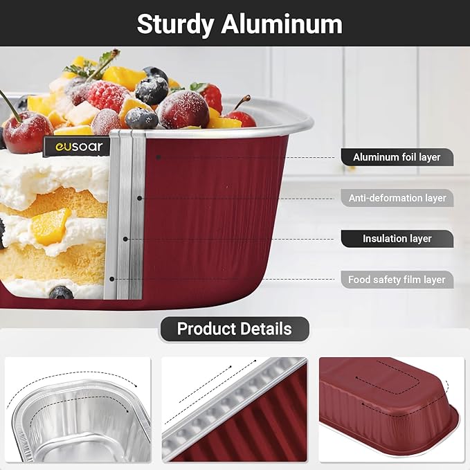 EUSOAR Mini Loaf Pans with Lids, 25pcs 6.8oz 6.5"x2.5"x1.2" Disposable Aluminum Foil Ramekins Cupcake Liners Tin with Lids，Cupcake Baking Cups Containers, Cheesecake Creme Brulee Ramekins Pan-Wine Red