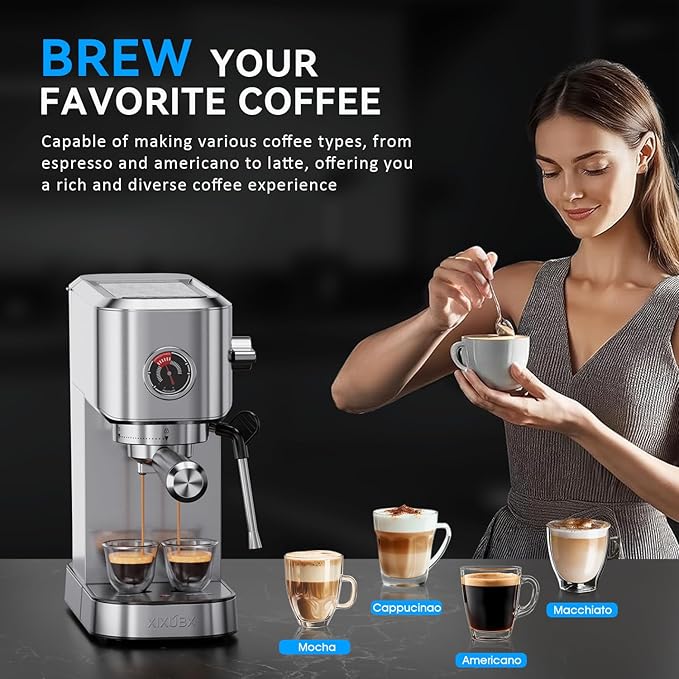 XIXUBX 20Bar Espresso Machine, Compact Espresso Maker with Milk Frother, Stainless Steel Coffee Machine for Cappuccino&Latte, 42oz Water Tank, Visible Pressure Gauge, Home&Office, Silver