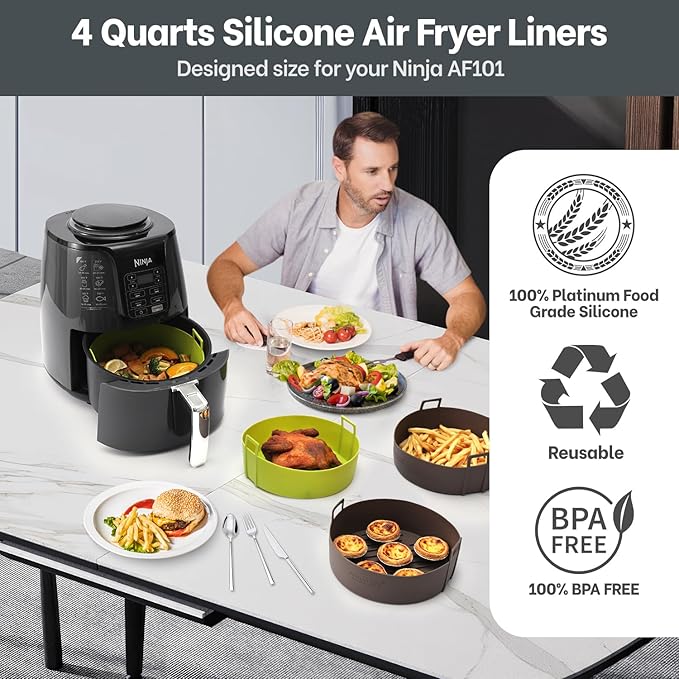 Air Fryer Silicone Liners 4QT For Ninja AF101, 2 Pack BPA Free Platinum Air Fryer Basket Liners with Handle, Round Reusable Liner Ninja Fryer Accessories, Upgrade