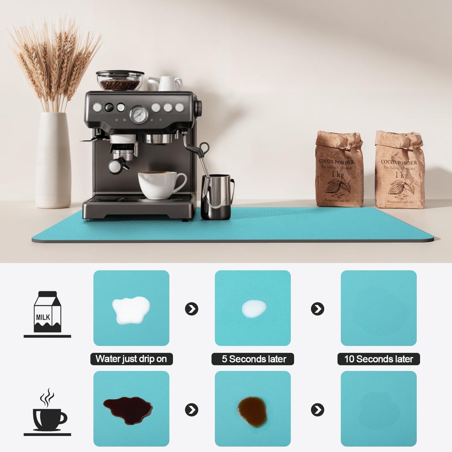 Dish Drying Mat for Kitchen Counter | Coffee Bar Mat for Countertops | Heat Resistant Drainer Mat with Non-slip Rubber Backed | Hide Stain Kitchen Absorbent Draining Mat | Turquoise 16"x18"
