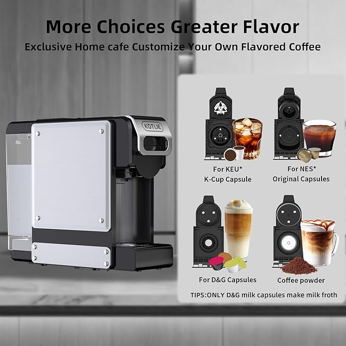 ST-550 4-in-1 Espresso Capsule Coffee Machine, Single Serve Coffee Maker for K*Cup/Nespresso/Dolce Gusto/Ground Coffee, 19Bar, 1L, Silver