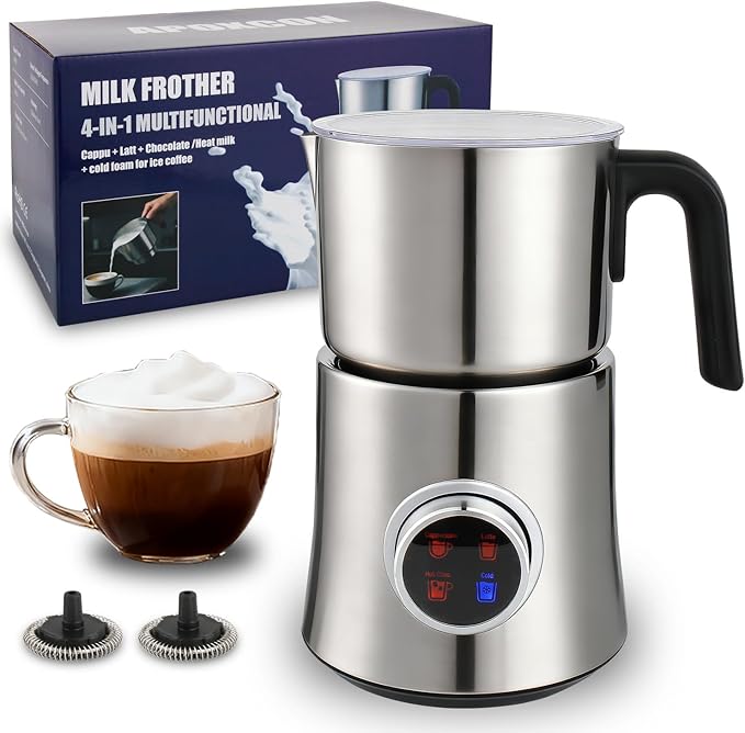 APOXCON Electric Milk Frother and Steamer, 4-in-1 Hot & Cold Foam Maker for Coffee 17oz Stainless Steel Frother Machine with LED Display Rotary Knob Milk Warmer Hot Chocolate Maker Dishwasher Safe