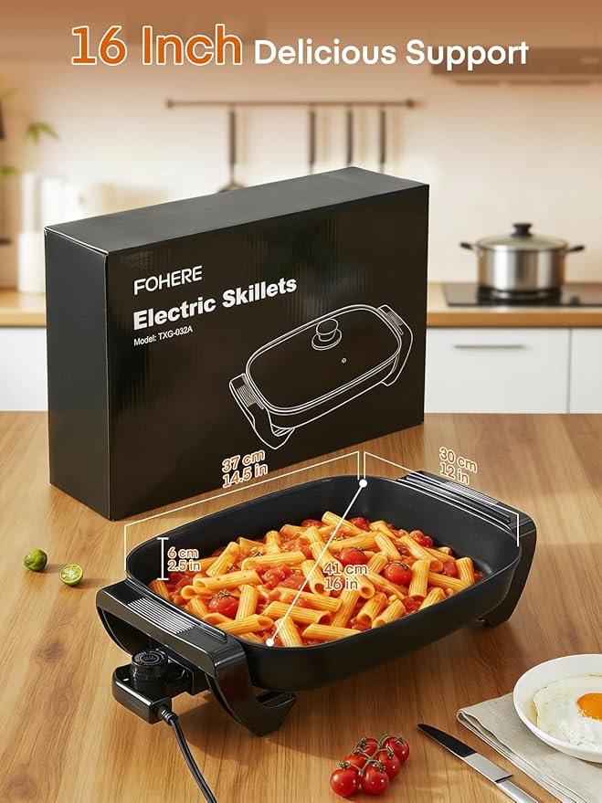 FOHERE 16-Inch Electric Skillet with Glass Cover, 1500W Rapid Heat, Adjustable Temperature, Multi-Purpose Electric Skillet Fried Chicken, Perfect For Family Gathering Cooking