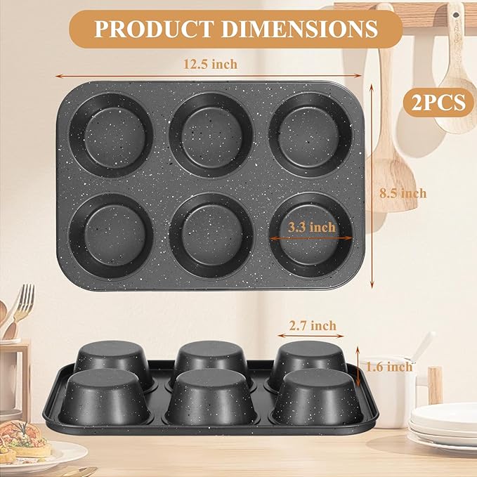 Walooza Jumbo Muffin Pan 2 Pack, Nonstick 6 Cup Muffin Tin, Extra Large Cupcake Pan for Baking, Giant Muffin & Cupcake Mold, Carbon Steel Muffin Tins, 3.3'' Cup Diameter