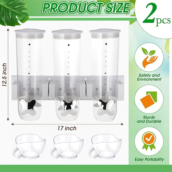 Nitial 2 Pieces Cereal Dispenser Wall Mounted 4.5L Triple Candy Machine Grain Dispenser with Cup Triple Dry Food Snack Wall Mount Cereal Storage Container for Kitchen Food Store Coffee Store (White)