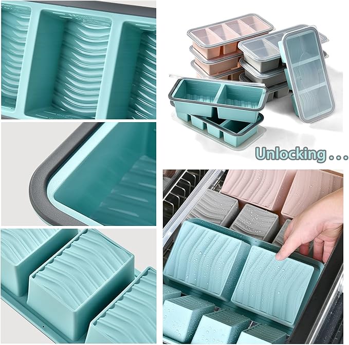 1/2 Cup Silicone Freezer Molds for Soup Ice Cubes, 4 Cavity Freezer Tray with Lid for Food, Homemade Large Ice Cube、Frozen Broth、Leftovers and Meal Prep - Set of 2