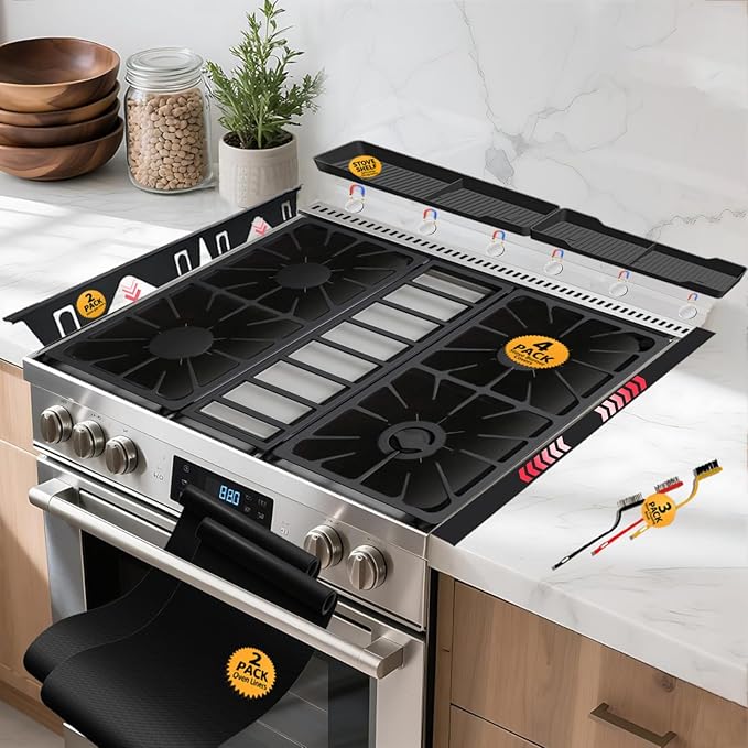 Stove Gap Covers Stainless Steel 2PC(0.08"–0.7"W,13.8"–27.5"L)+4PC Gas Burner Covers+2PC Oven Liners+30"(2x15") Silicone Magnetic Stove Shelf|Universal Gas Stove Accessory Bundle Bonus 3 Brushes