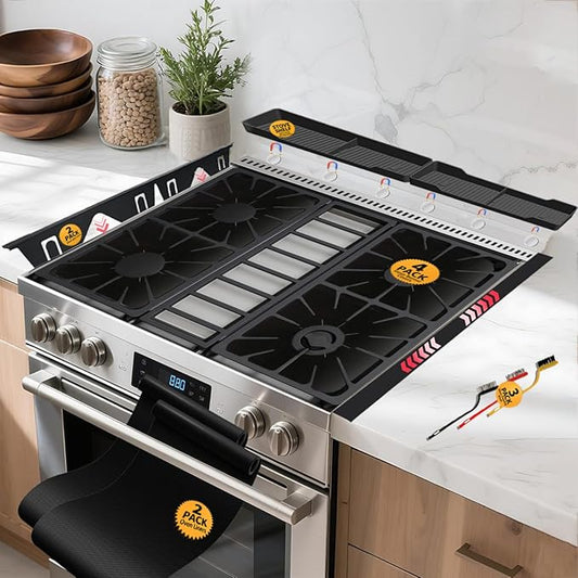 Stove Gap Covers Stainless Steel 2PC(0.08"–0.7"W,13.8"–27.5"L)+4PC Gas Burner Covers+2PC Oven Liners+30"(2x15") Silicone Magnetic Stove Shelf|Universal Gas Stove Accessory Bundle Bonus 3 Brushes