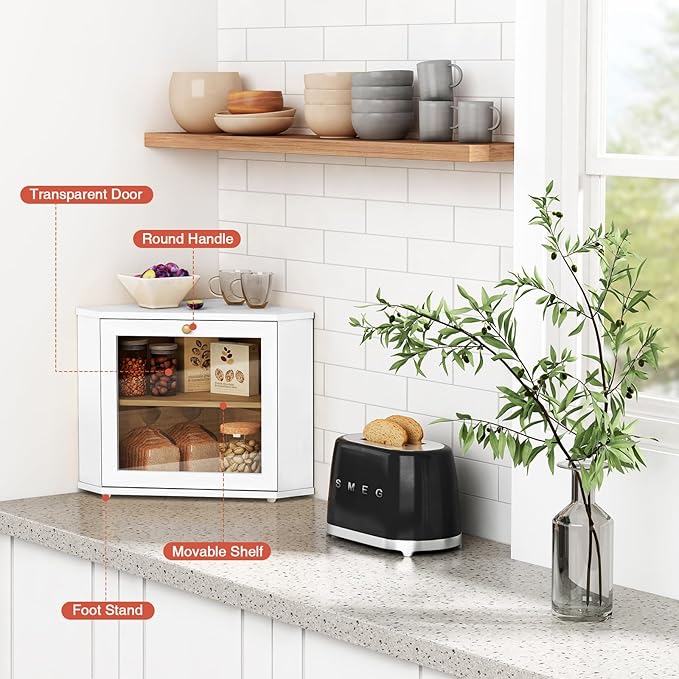 Goozii White Corner Bread Box for Kitchen Countertop, 2 Tier Breadbox for Sourdough Loaf, Modern Bread Storage Container for Island Counter Top Organizer, Cabinet Cupboard Pantry Shelf (Bamboo Wood)