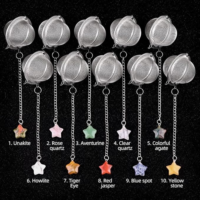 5 Pcs Tea Filter Stainless Steel with Star Crystal Energy Stone Tea Strainers with Fine Mesh Extend Chain Hook Tea Ball Infuser for Loose Tea Leaves Spices Seasonings