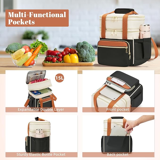 holuxer Insulated Lunch Bag & Lunch Box for Women - Double Deck Reusable Lunch Bag for men Tote Cooler Bag Leakproof Soft Expandable - Large Lunchbox for Work/Adult/Picnic/Outdoor (Coffee Black，15L)