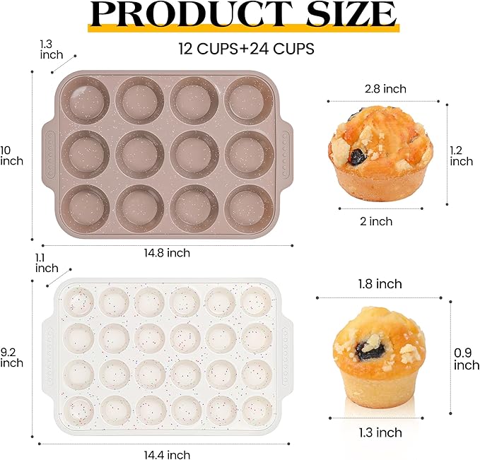 2 Pcs Silicone Muffin Pans for Baking with Metal Reinforced Frame, Nonstick Cupcake Tray for Oven, 12 Cups Regular and 24 Cups Mini Size Silicone Molds for Egg Bites (Brown, Cream)