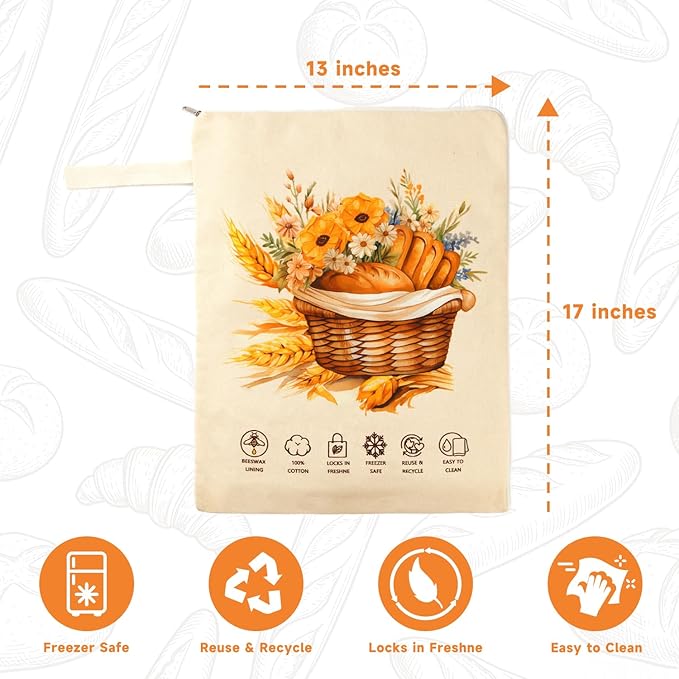 Reusable Bread Bags for Homemade Bread 2 Pack, L-shaped Zipper Beeswax Bread Bag for Easy Access, Exquisite Floral Print, Freezer Safe Breathable Cotton Beeswax Bread Bags for Sourdough