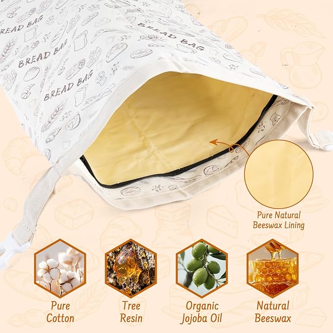 2-Pack Reusable Beeswax Bread Bags for Sourdough & HomemadeBread with Zipper, 16.5 x 13 inch bread bags for Food Storage
