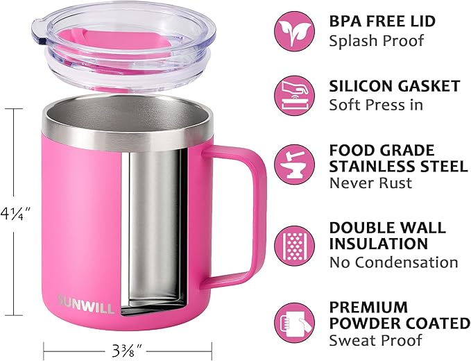 SUNWILL Insulated Coffee Mug with Lid, Travel Tumbler with Handle, 14 oz Stainless Steel Cup for Home, Office, Camping, Powder Coated Magenta