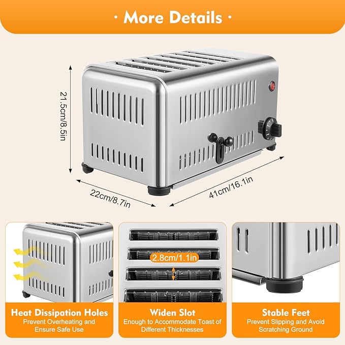 Commercial 6 Slice Toaster, 1680W 110V Commercial Bread Baking Machine with 2 Modes & Timer Function, Stainless Steel Electric Toast Sandwiches Making Tool for Home Kitchen Restaurant Bakery
