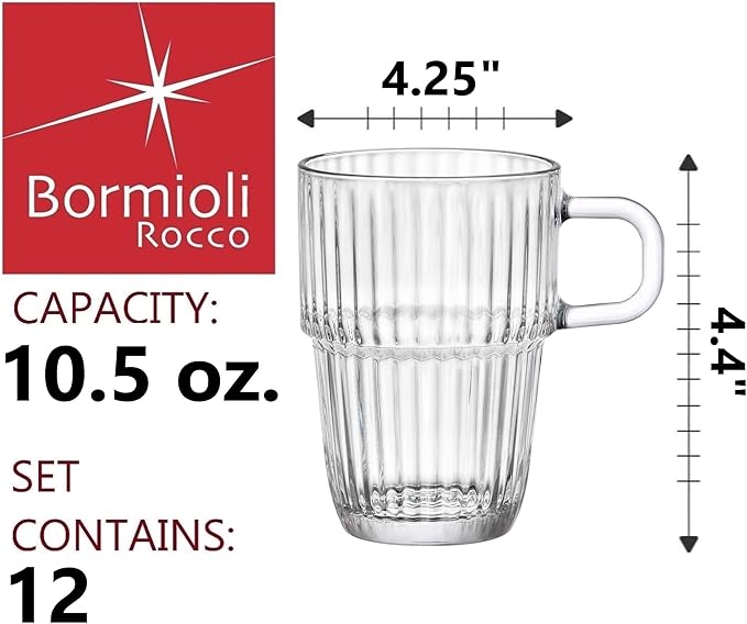 Bormioli Rocco Barshine 10.5 oz. Coffee, Tea and Hot Cocoa Mugs Stackable Tempered Drinking Glasses, Set of 12, Clear