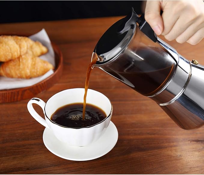 Geesta Premium Crystal Glass-Top Stovetop Espresso Moka Pot - 4/6/ 9 Cups - Stainless Steel Coffee Maker- 240ml/8.5oz/6 cup (espresso cup=40ml)